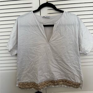 ZARA White V-Notch Top with Gold Embroidered Trim